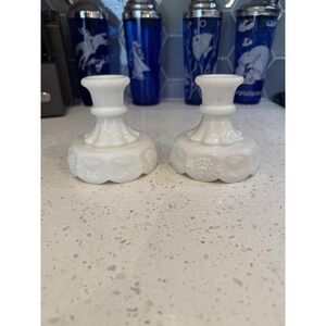 Westmoreland Paneled Grape Milk Glass Pair Of Candle Stick Holders  Mid Century